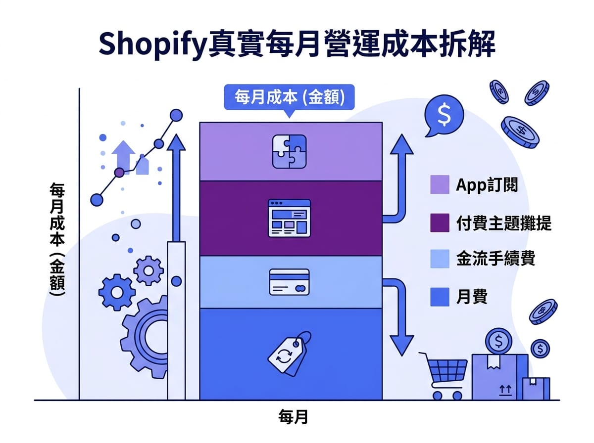 Shopify 月費、手續費、主題、App 訂閱成本拆解資訊圖表