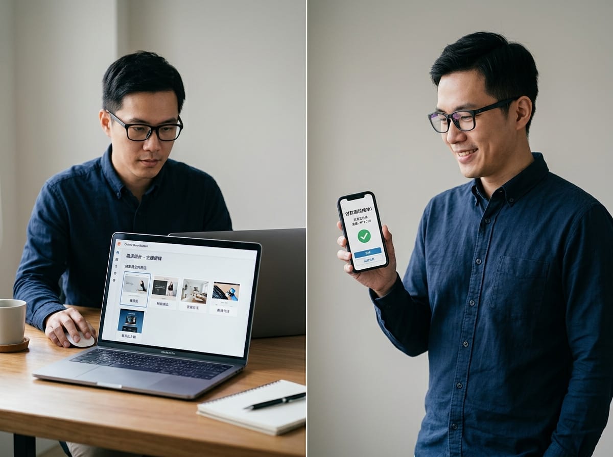 Shopify 開店主題設定與金流測試流程示意圖