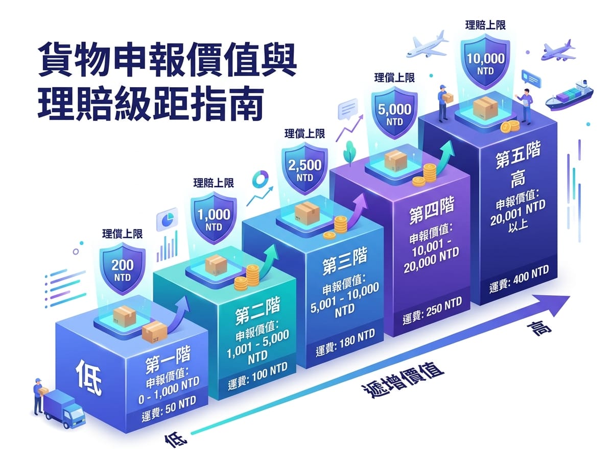 7-11店到店依申報價值分級運費與賠償上限資訊圖