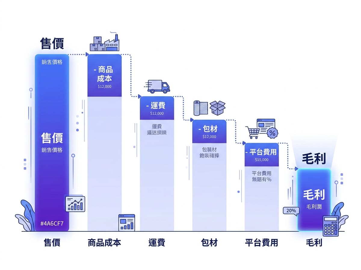 蝦皮訂單售價扣除各項成本後的毛利瀑布圖