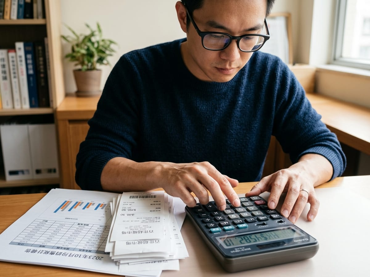 辦公桌上計算機與進貨憑證，電商賣家試算營業稅的實拍照片