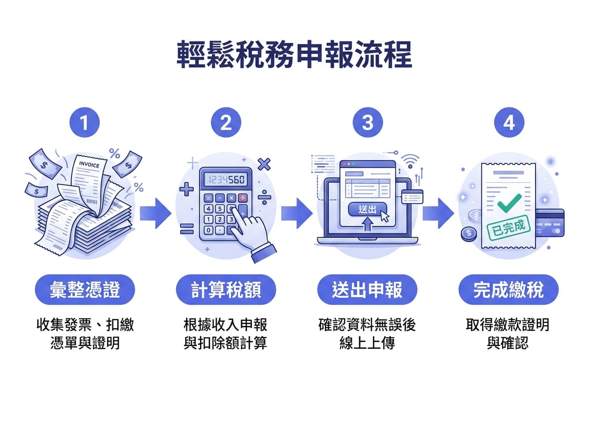 一般營業人雙月申報 STEP1 到 STEP4 流程資訊圖表