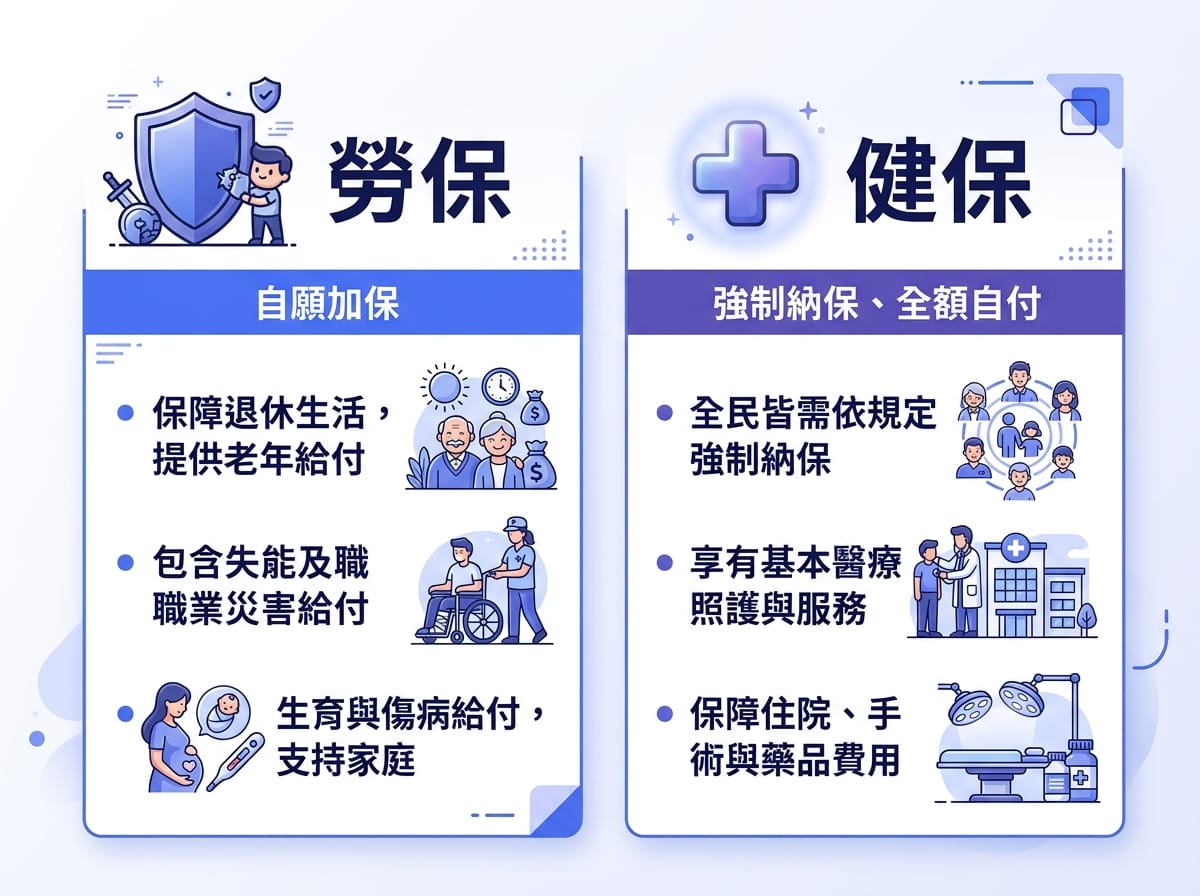 勞保自願加保與健保強制納保的差異對照資訊圖表
