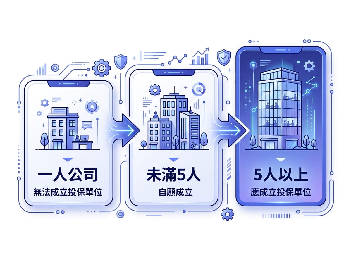 公司規模對應勞健保投保單位成立規則的三階段資訊圖表