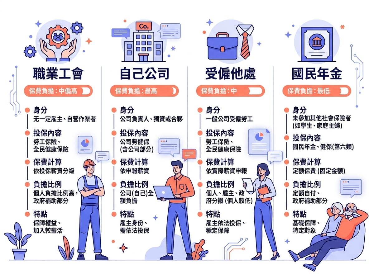 職業工會、自己公司、受僱他處、國民年金四種勞健保投保管道比較資訊圖表