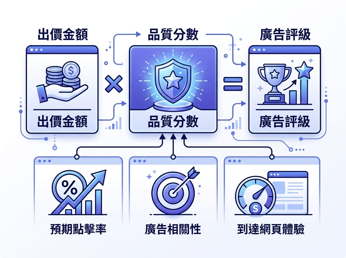 Google Ads 廣告評級公式示意圖，出價金額乘上品質分數
