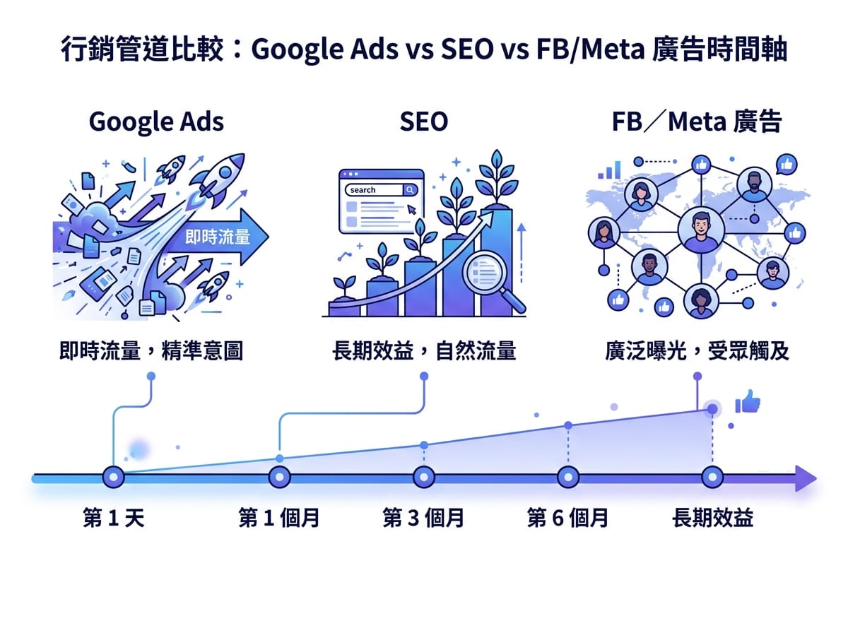 Google Ads、SEO、FB廣告三種管道見效速度比較圖