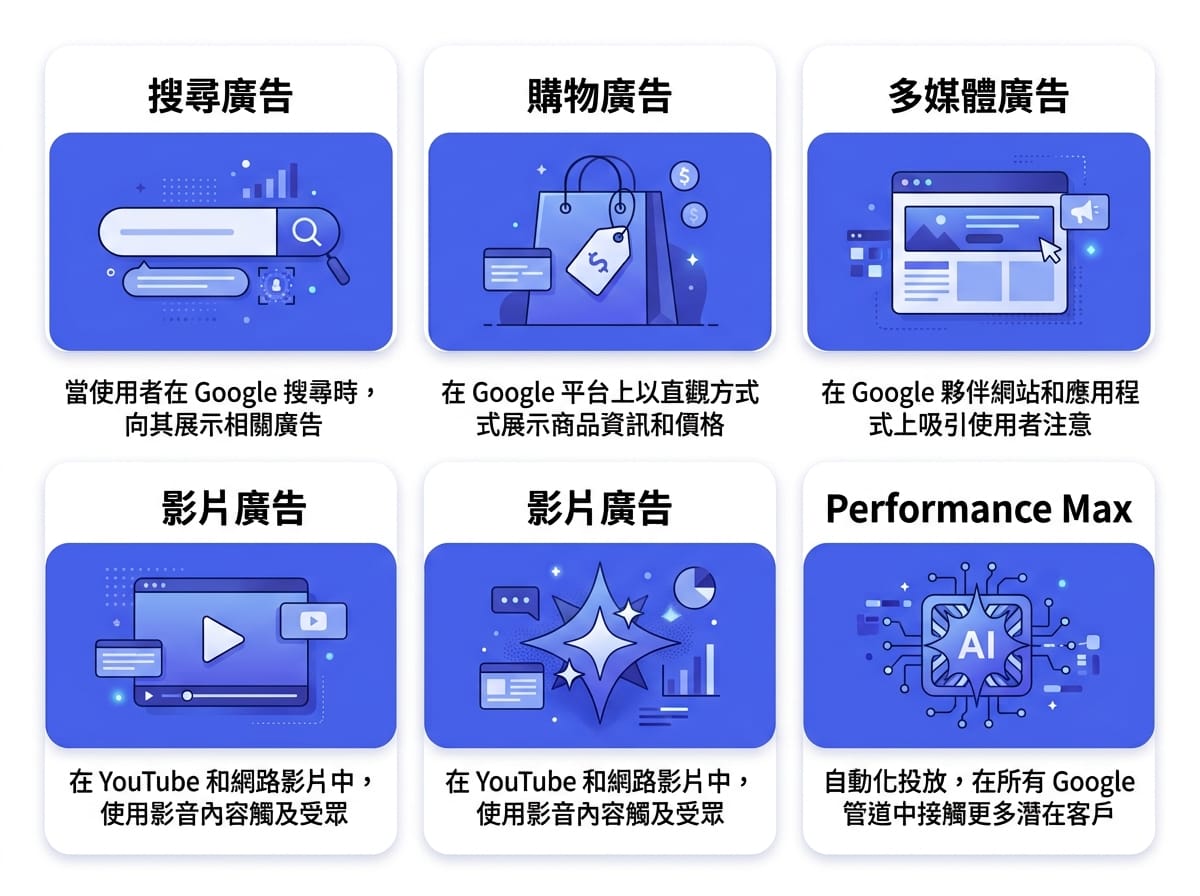 Google Ads五種廣告類型圖示：搜尋、購物、多媒體、影片、Performance Max