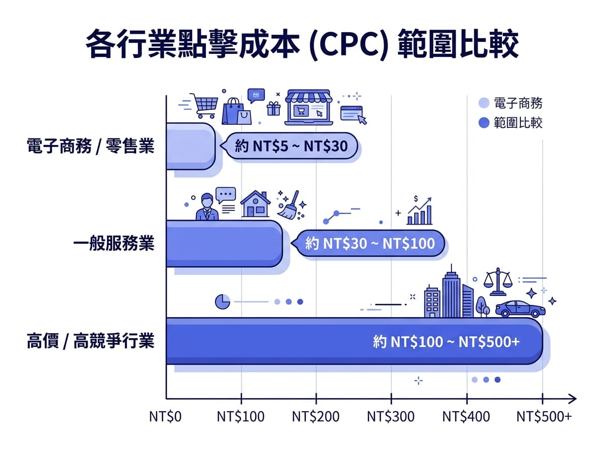 Google Ads不同產業CPC每次點擊成本區間長條圖