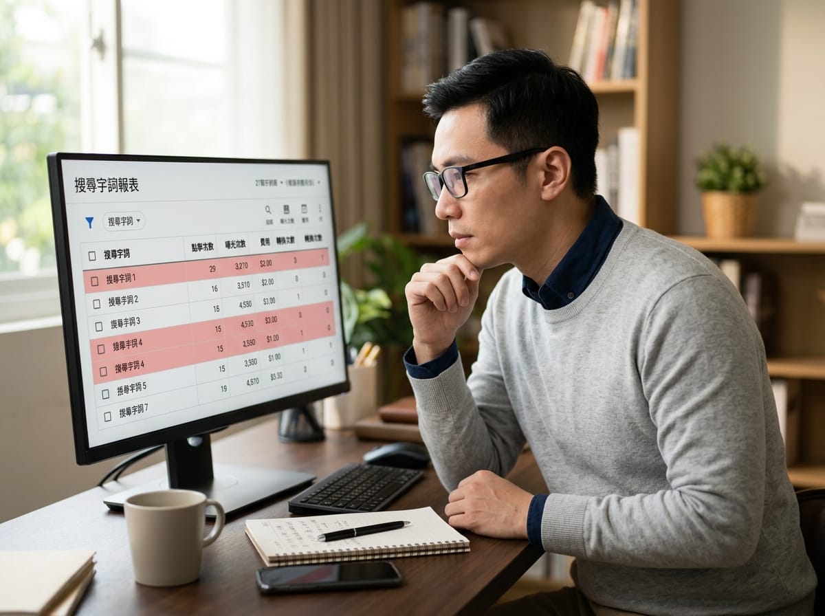 檢查Google Ads搜尋字詞報表找出無效關鍵字的畫面