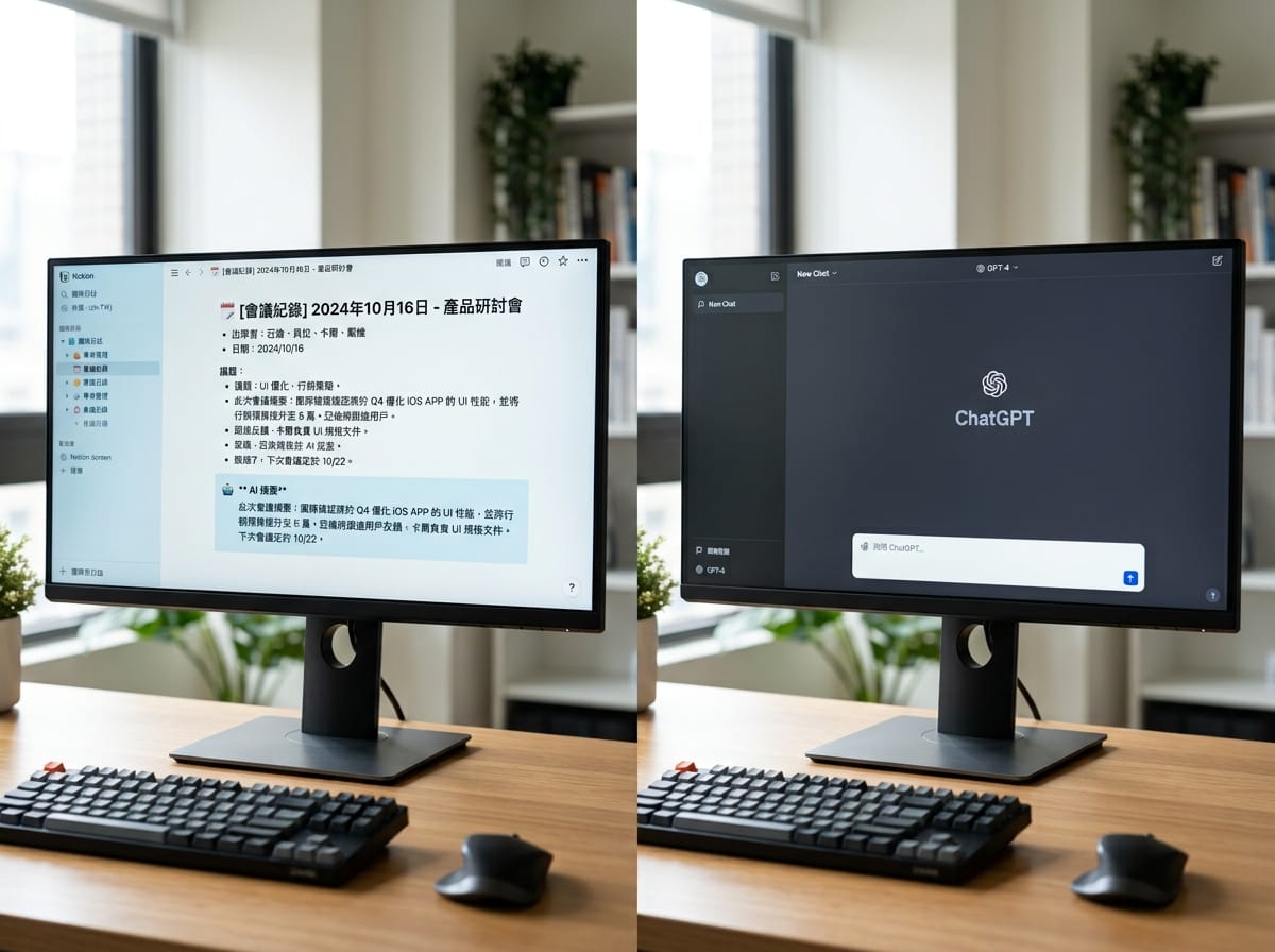 Notion AI 嵌入工作空間介面與 ChatGPT 空白對話框對比,說明兩者設計起點的根本不同