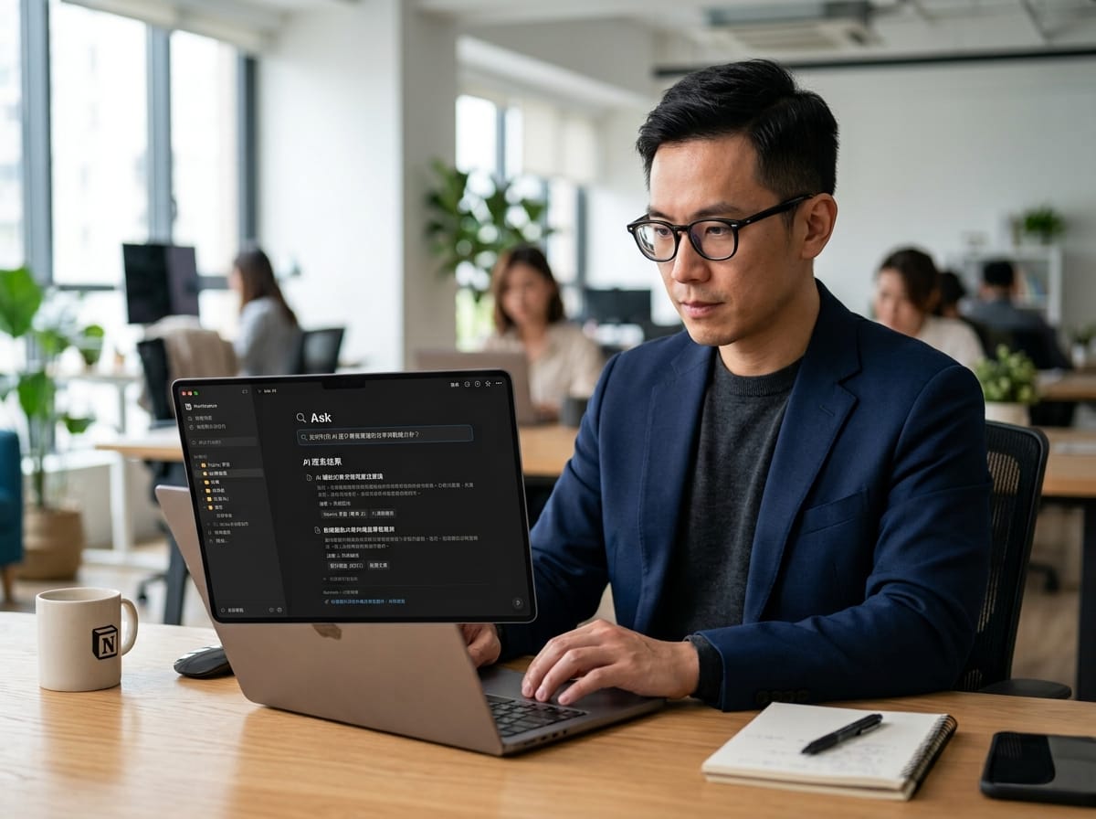 上班族使用 Notion AI Ask 功能,輸入中文問句跨 Slack 和 Gmail 搜尋歷史討論記錄