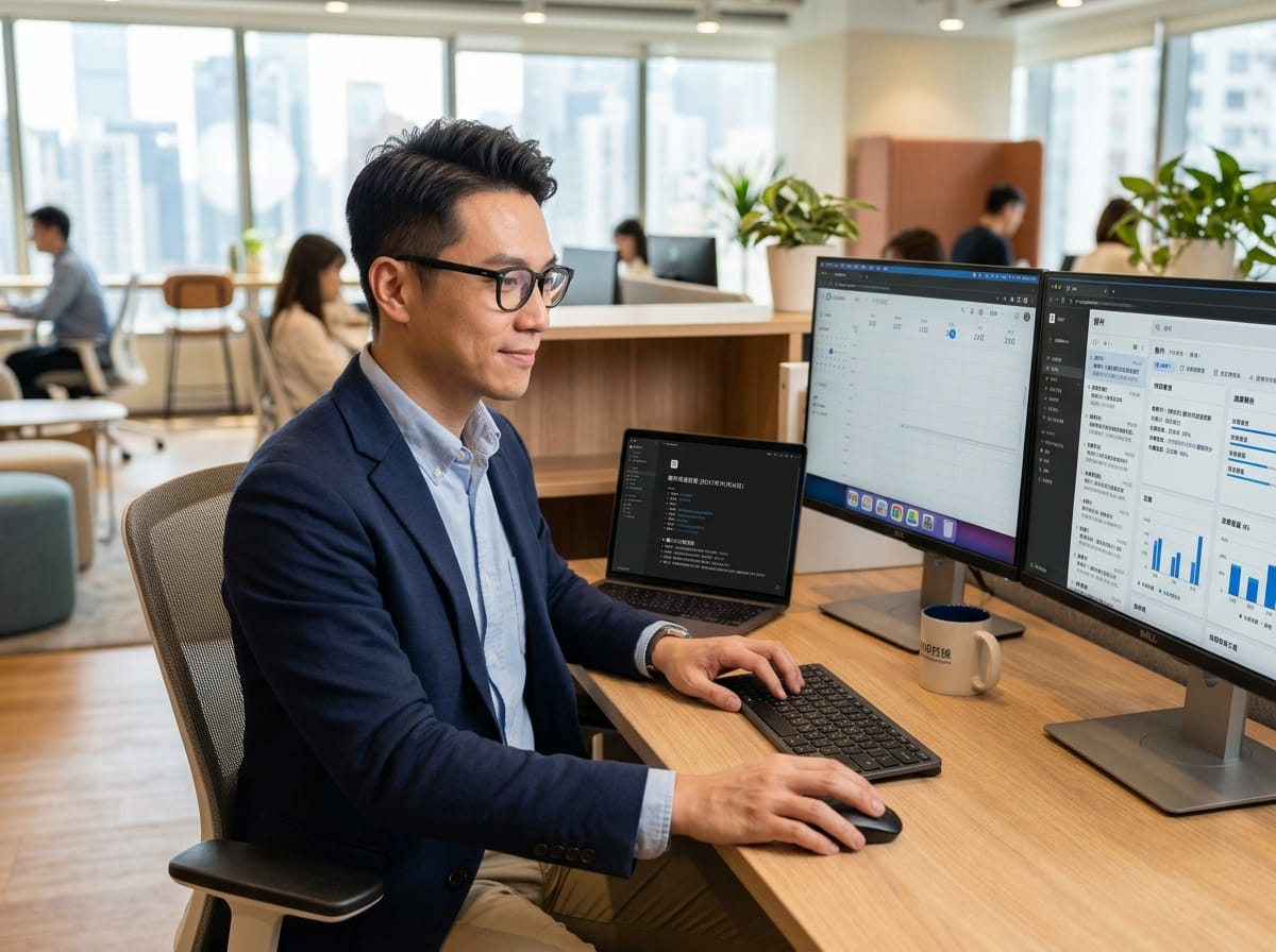 外商行銷主管使用 Notion AI 整合 Slack 和 Gmail,在現代化辦公室高效完成週報整理工作