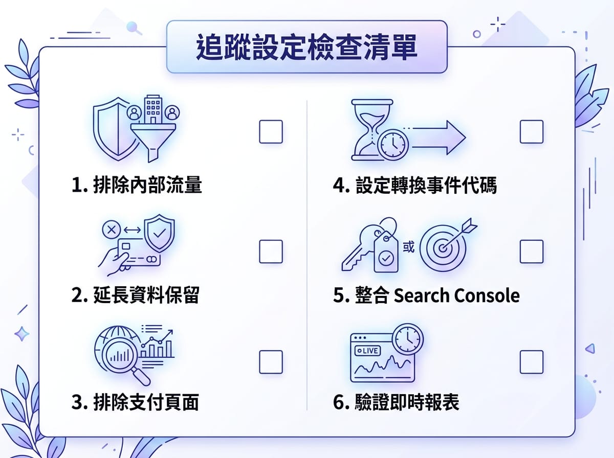 GA4安裝後六項基本設定檢查清單資訊圖表