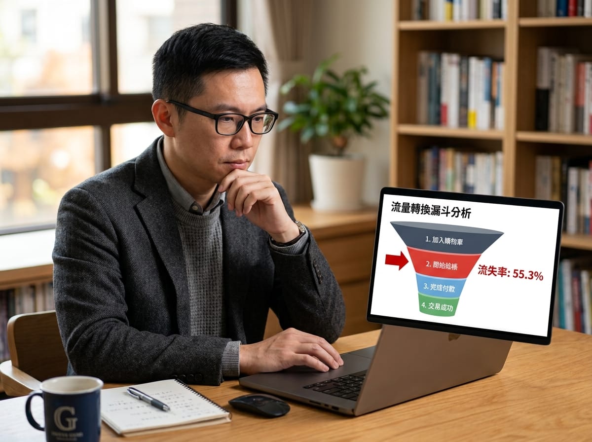 GA4探索模組漏斗分析畫面,呈現結帳流程各步驟流失比例