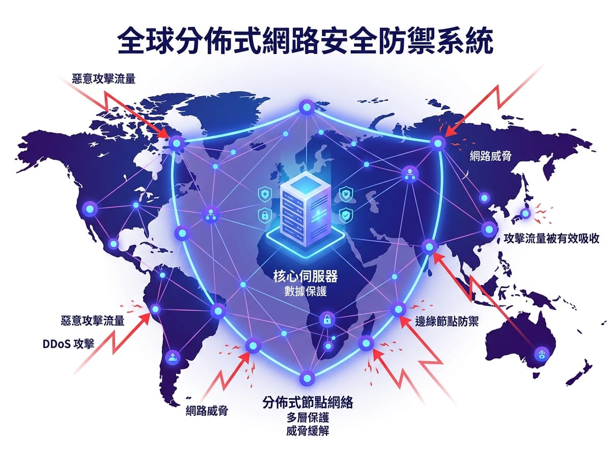 CDN分散全球節點阻擋DDoS攻擊流量示意圖