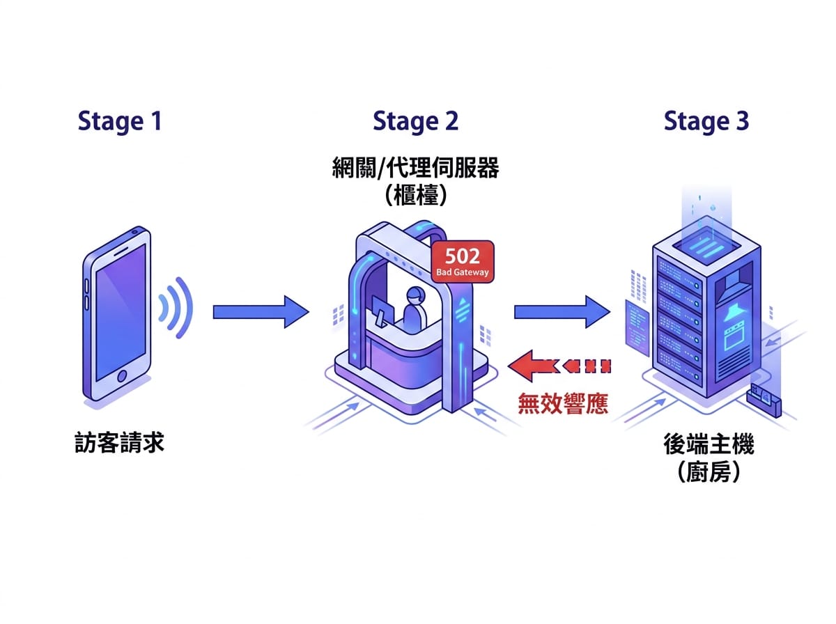 502 Bad Gateway 流程示意圖:訪客請求經過閘道轉送到後端主機,後端回應無效