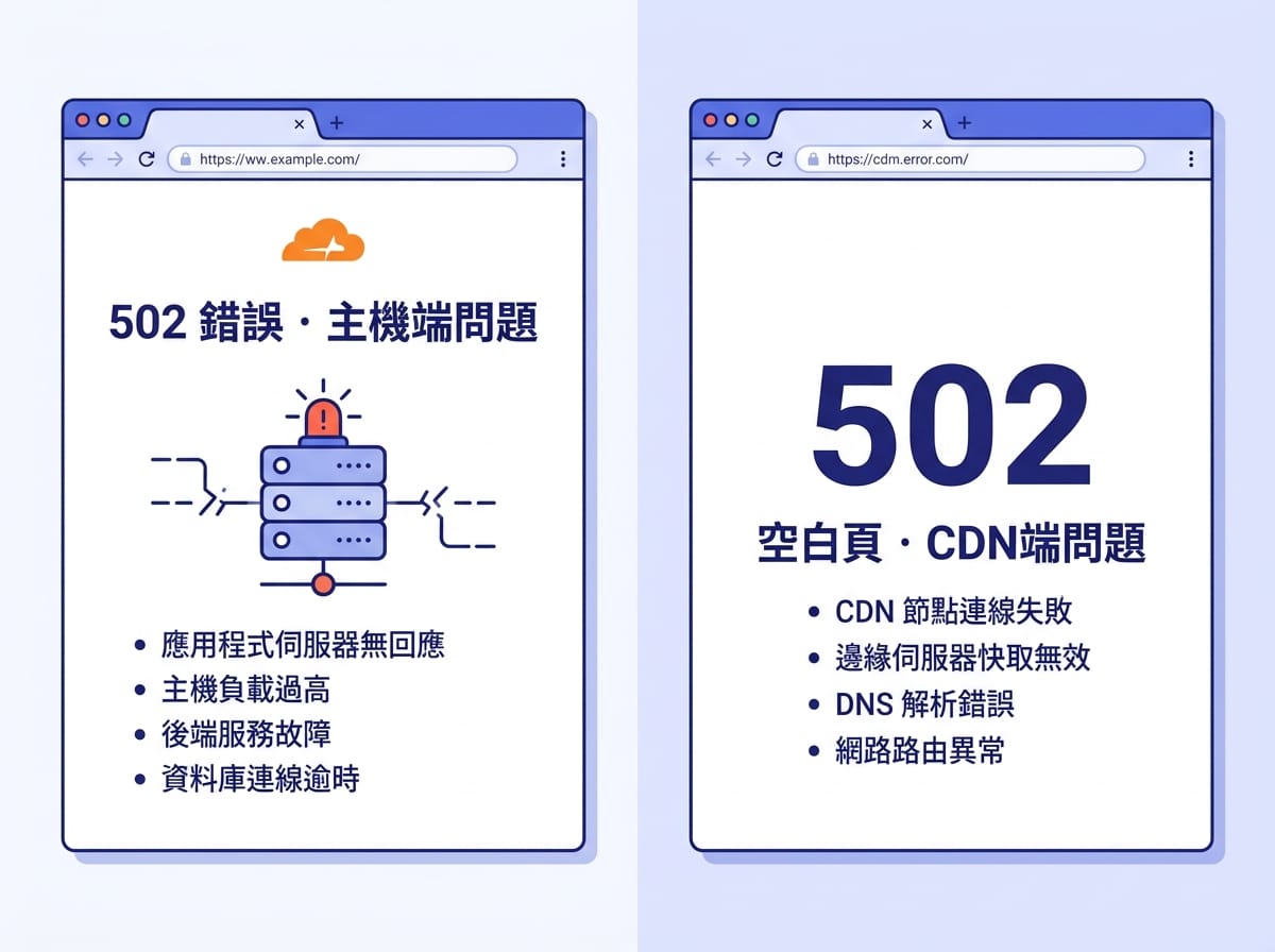 兩種 502 錯誤頁對比:有品牌標誌代表主機端問題,空白頁代表 CDN 端問題