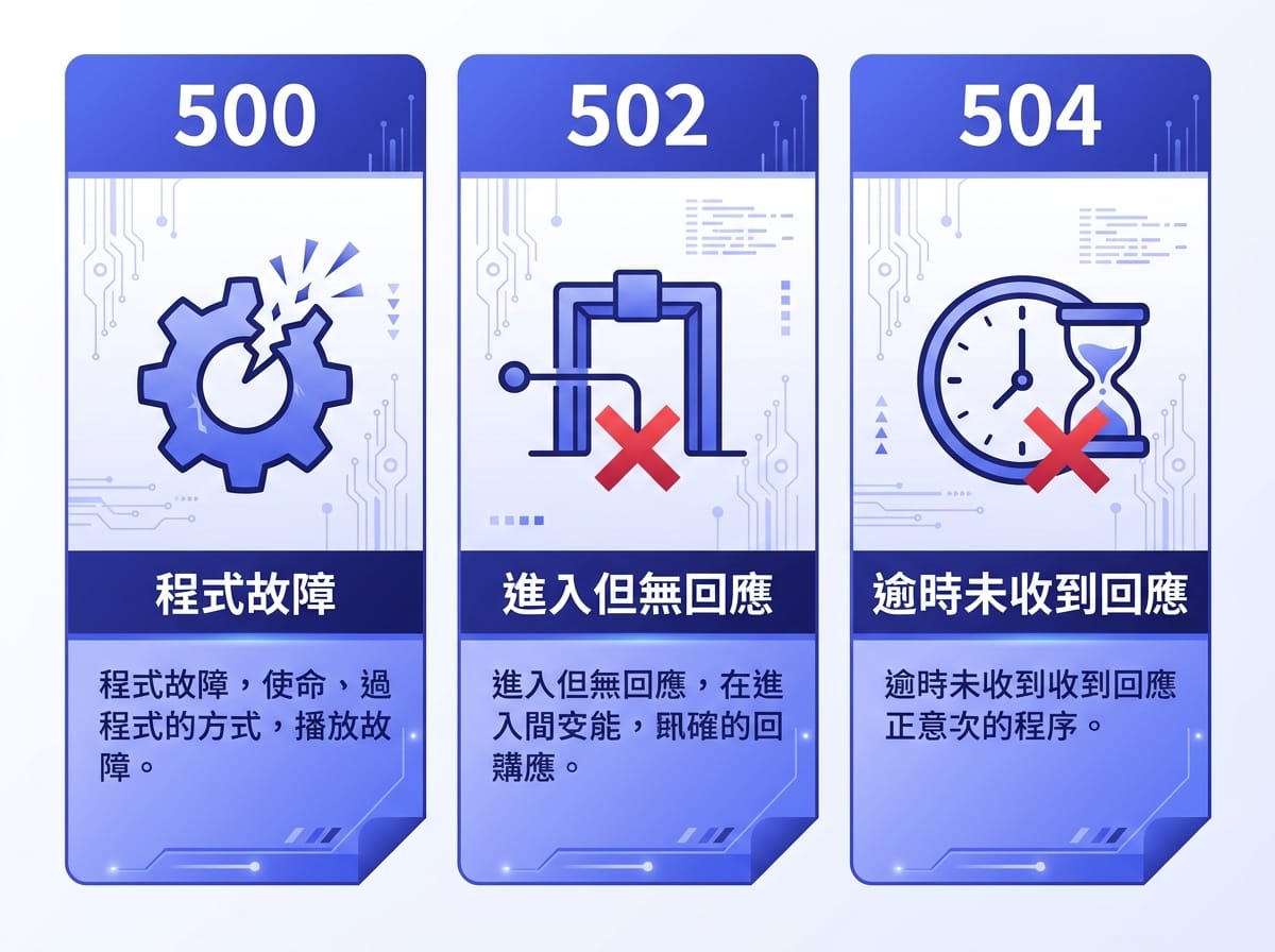 500、502、504 三種伺服器錯誤碼對比圖表,說明各自代表的故障環節