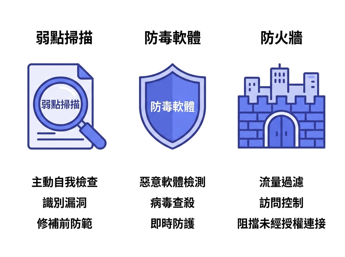 弱點掃描、防毒軟體、防火牆三者角色比較資訊圖