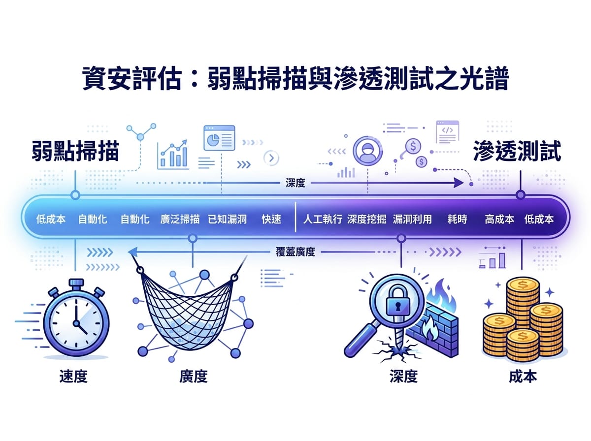 弱點掃描與滲透測試在廣度與深度上的光譜比較圖
