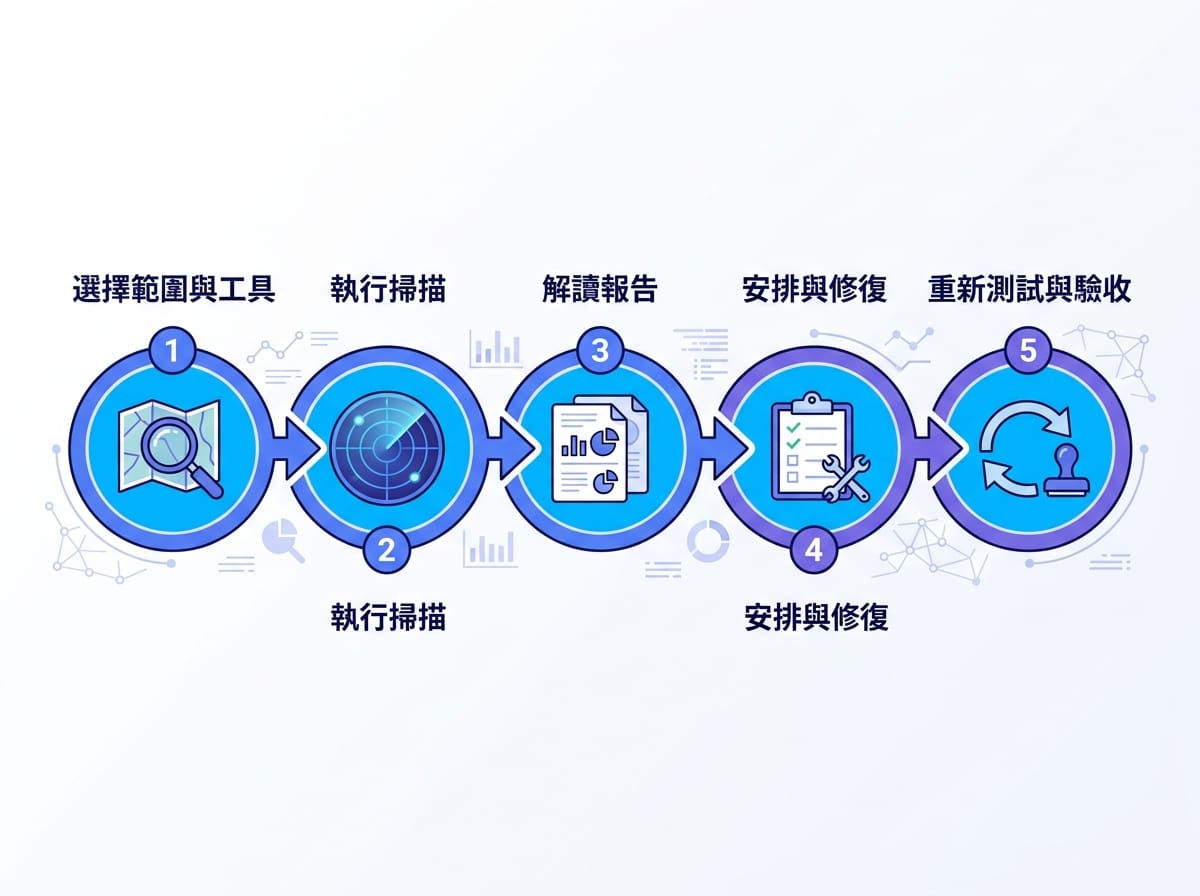 弱點掃描五步驟流程資訊圖,從選範圍到複測