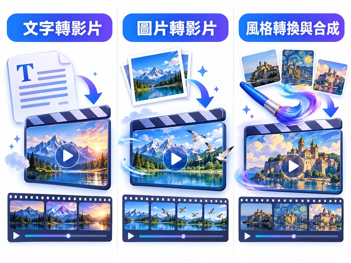 AI影片生成三種技術路線說明圖:文字轉影片、圖片轉影片、影片風格轉換與合成