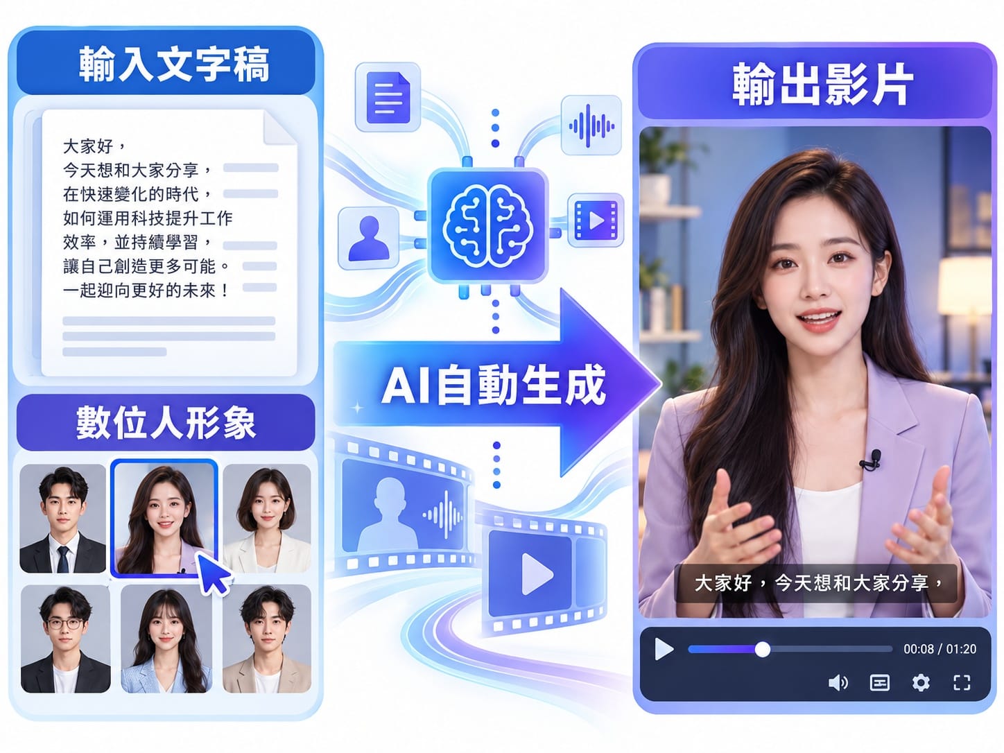 AI 數位人主播生成流程:輸入文字稿,輸出真人說話影片