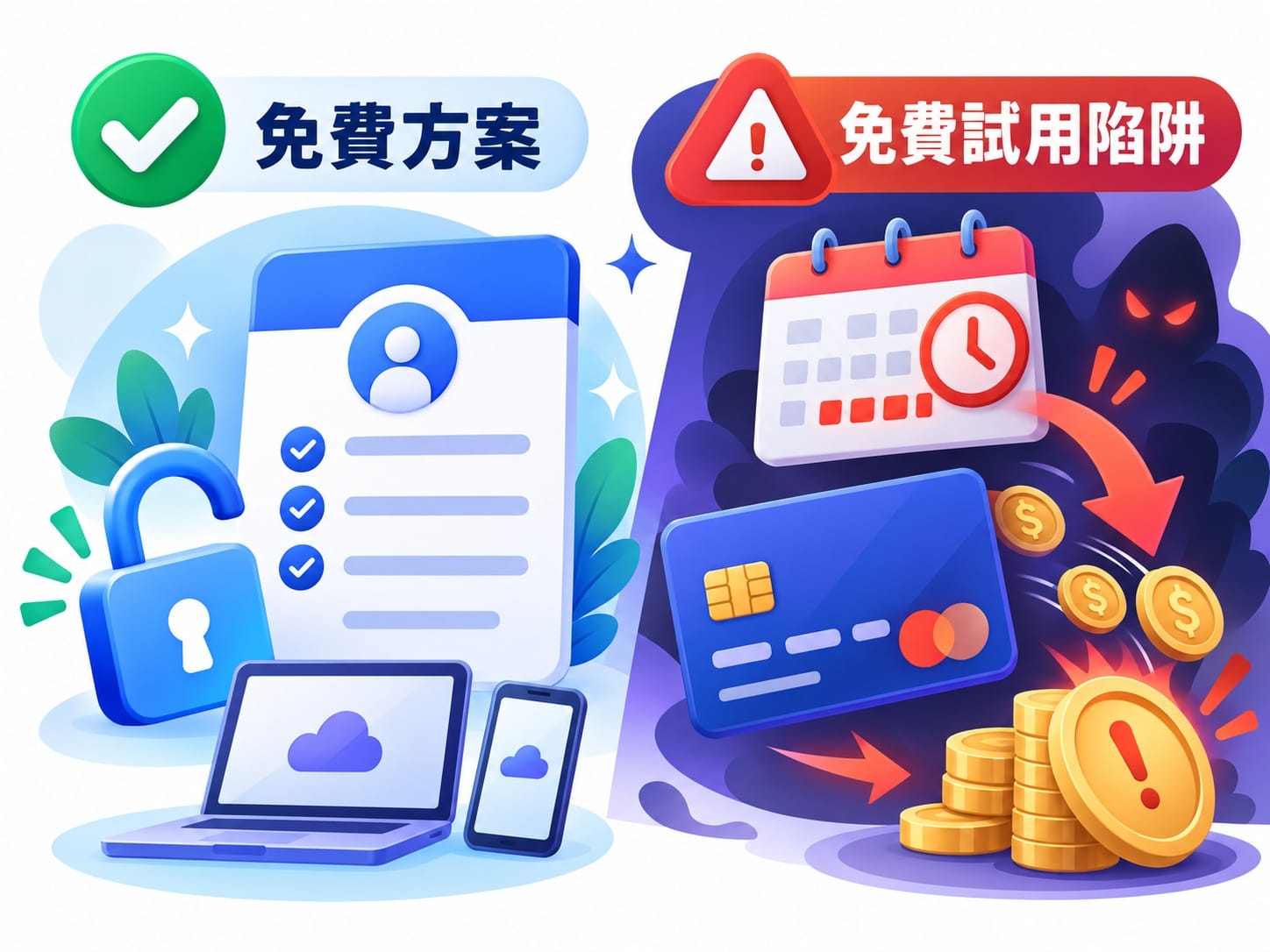 免費方案與免費試用差異示意圖,提醒信用卡自動扣款陷阱