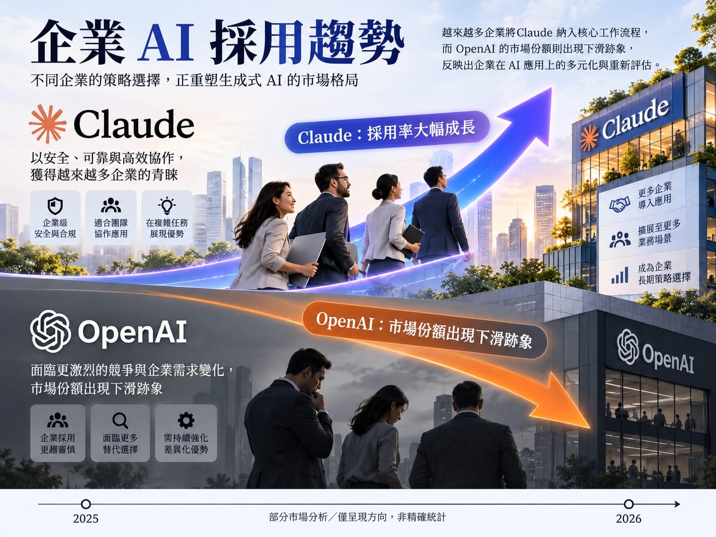 企業 AI 採用趨勢示意圖：Claude 企業採用率成長、OpenAI 市場份額出現下滑跡象，僅呈現方向非精確統計