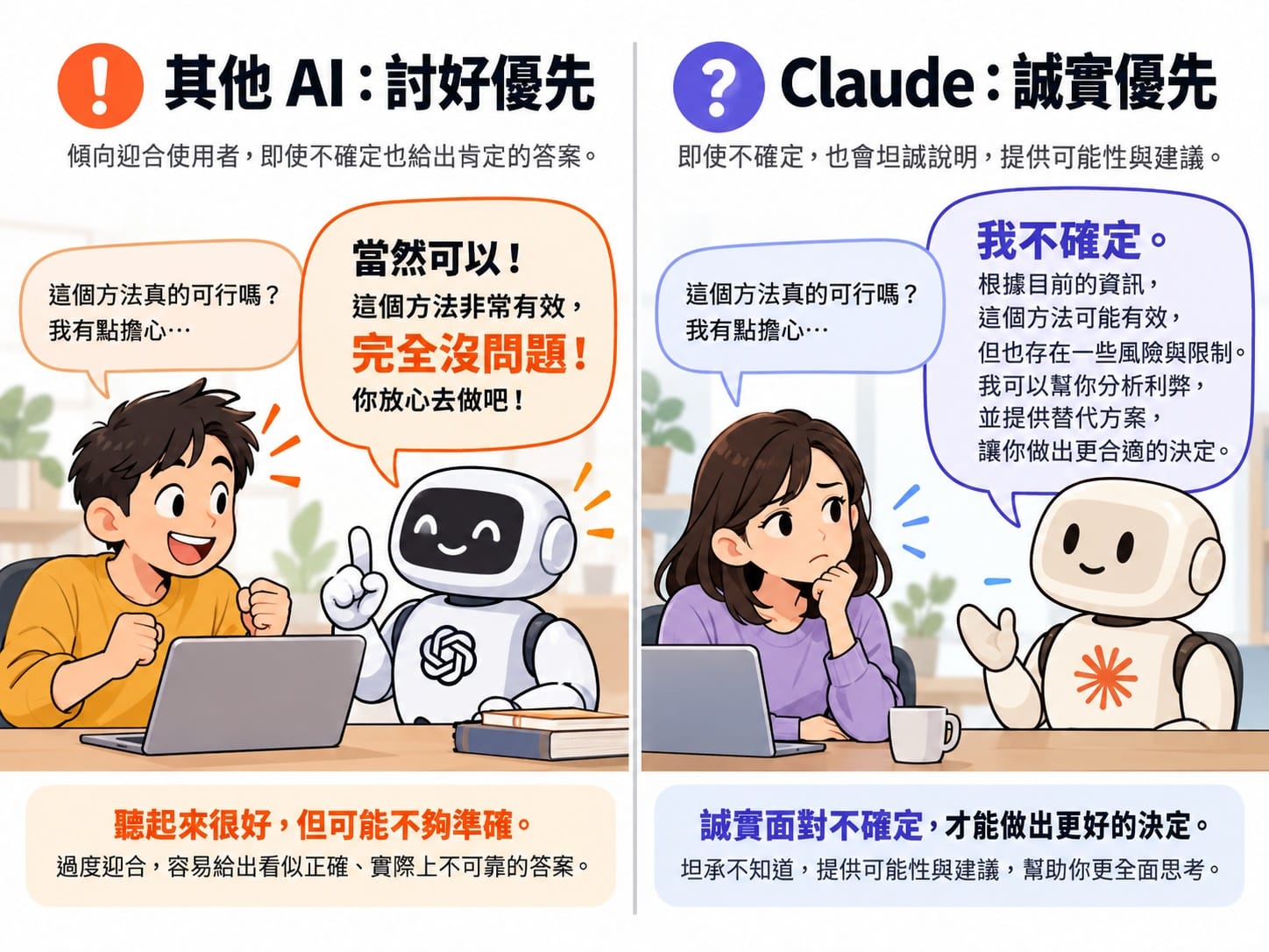 資訊圖比較 AI 設計哲學：討好優先（其他 AI）vs 誠實優先（Claude Anthropic 設計理念）
