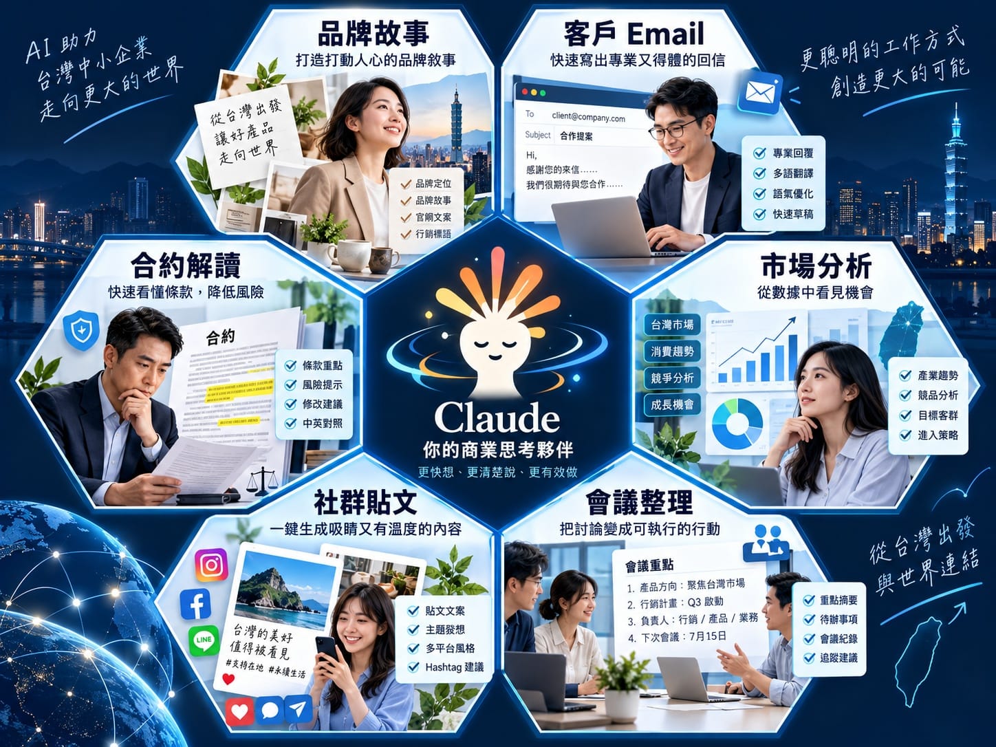Claude 六大商業應用場景概覽圖：品牌故事、客戶 Email、市場分析、會議整理、社群貼文、合約解讀