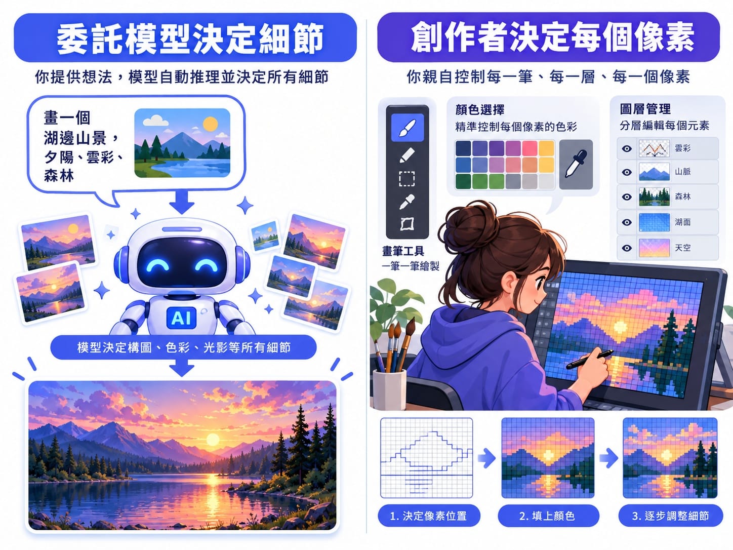 AI繪圖與Photoshop決定細節方式對比資訊圖表