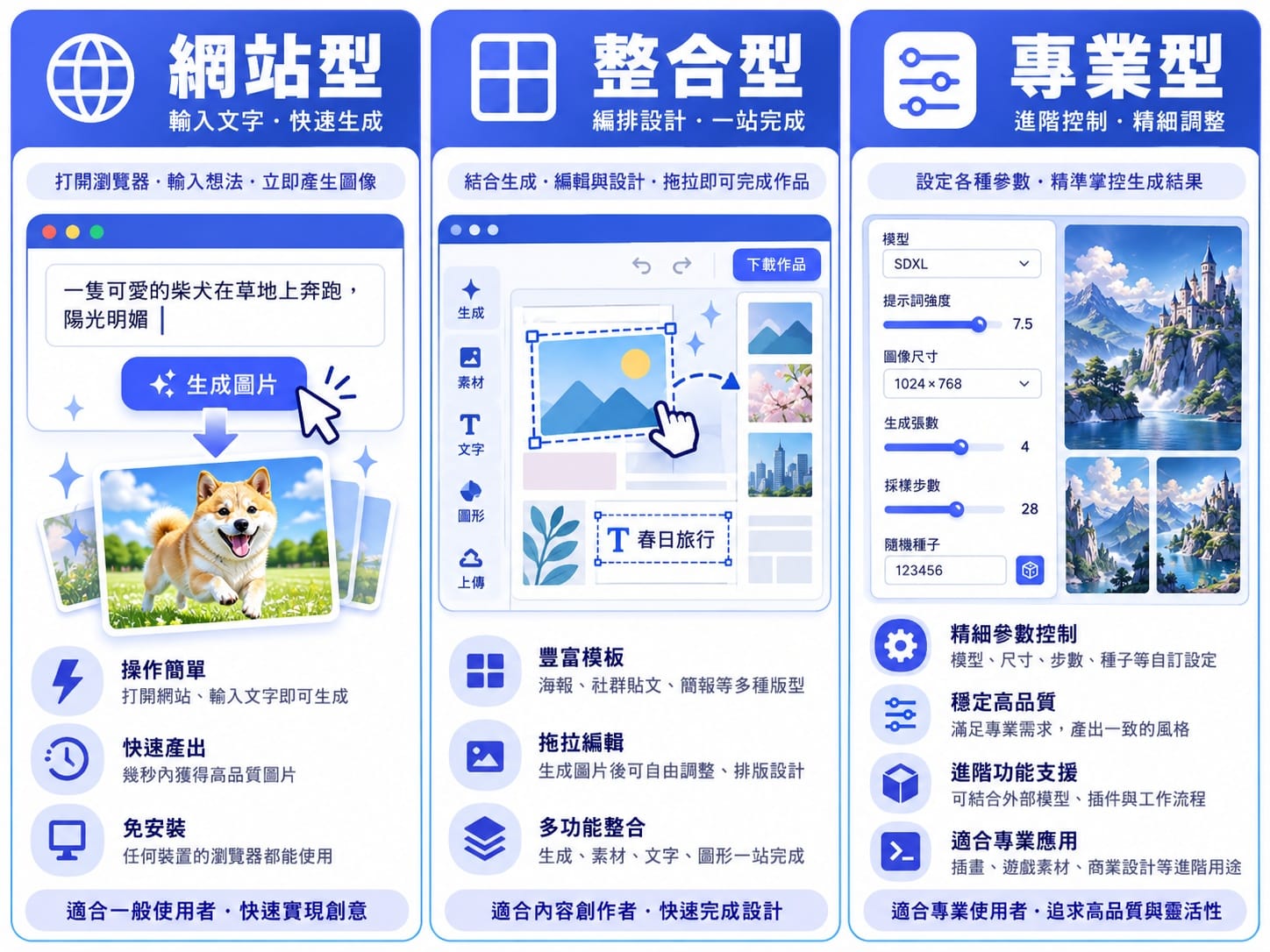 AI繪圖平台三種類型分類資訊圖表