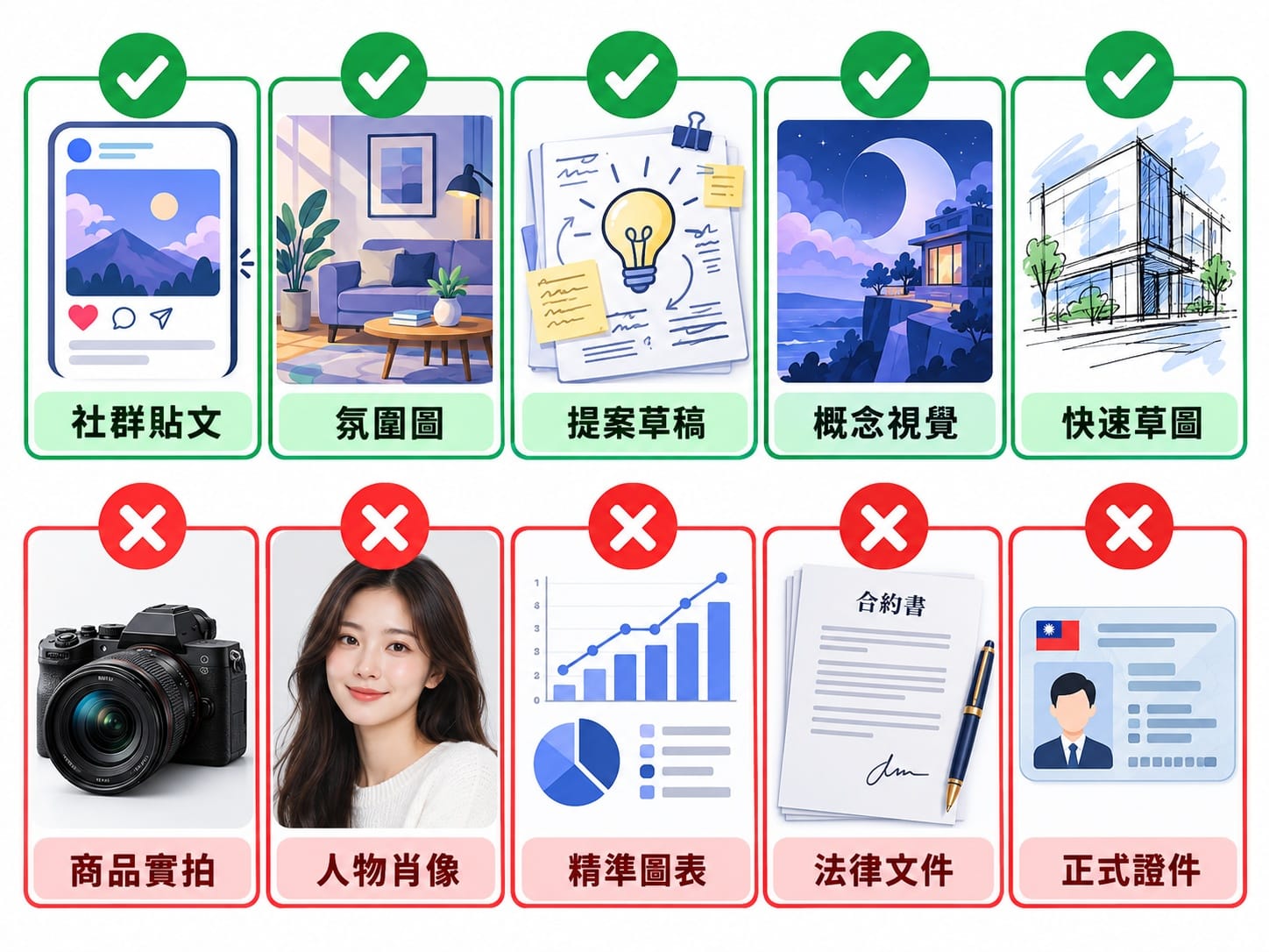 AI繪圖適合與不適合使用場景對照資訊圖表
