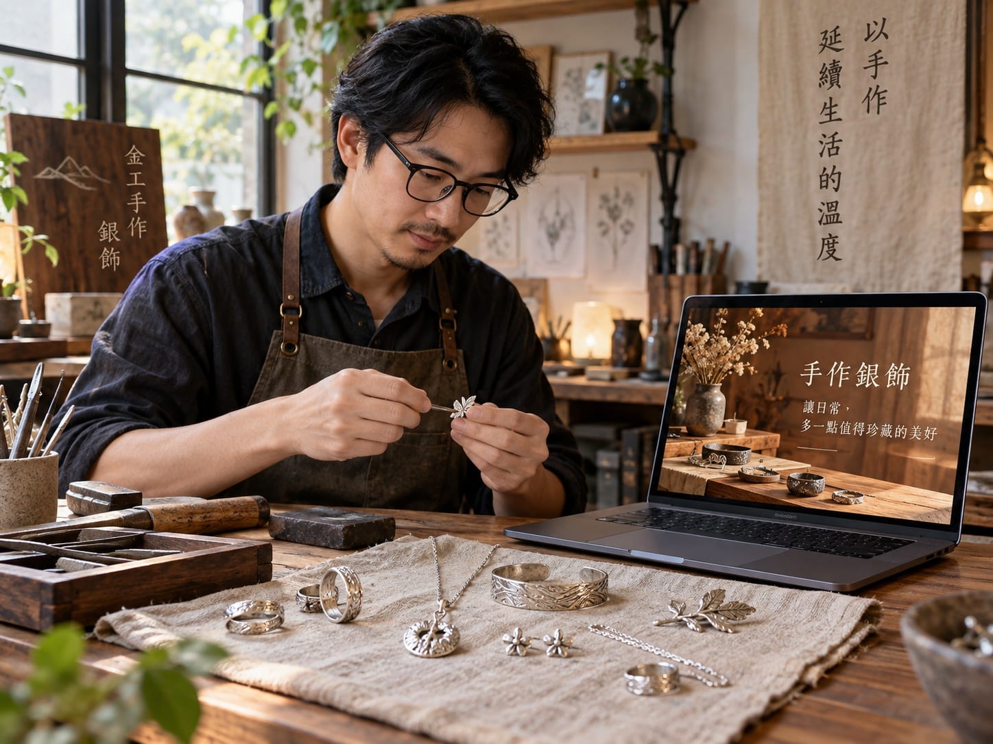 手作飾品賣家結合實拍商品與AI生成背景圖工作畫面