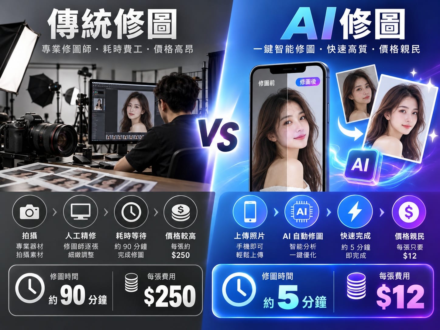 AI修圖與傳統修圖的成本、時間、設備需求對比圖表