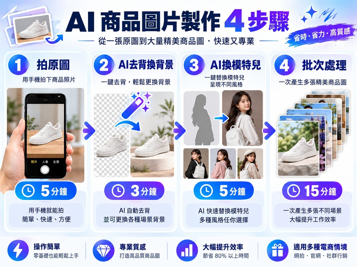 電商商品圖 AI修圖 四步驟流程圖:拍攝、去背換背景、AI換模特兒、批次處理