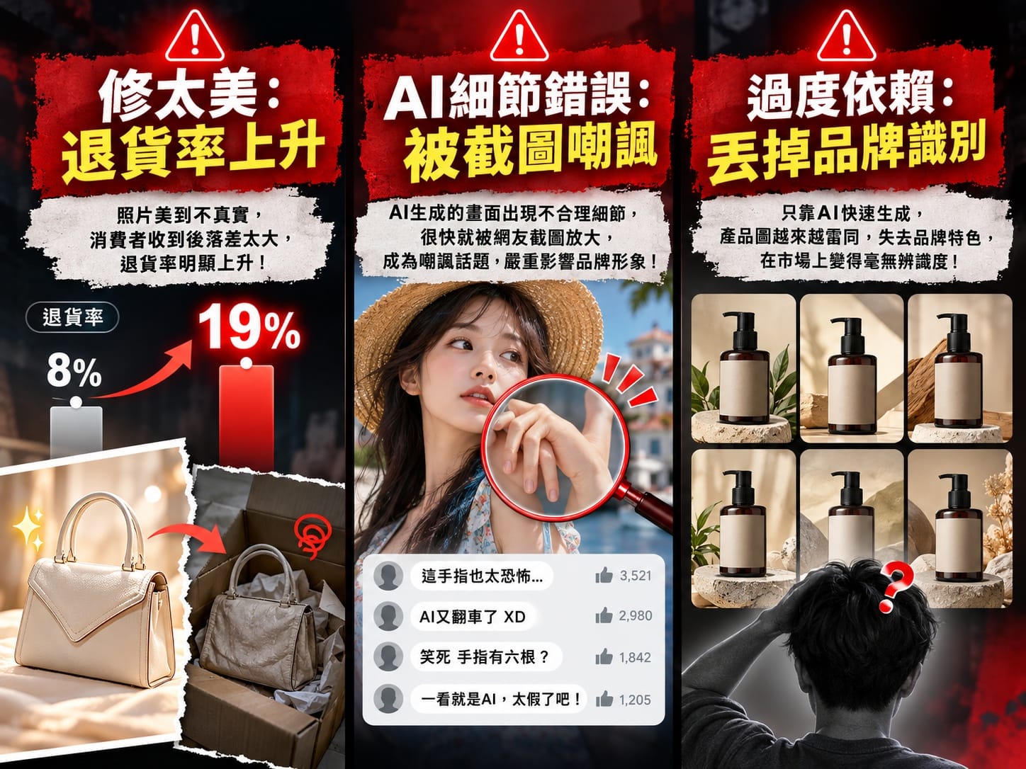 AI修圖三大常見失誤警示圖:過度美化導致退貨率上升、AI生成細節錯誤、品牌識別模糊化