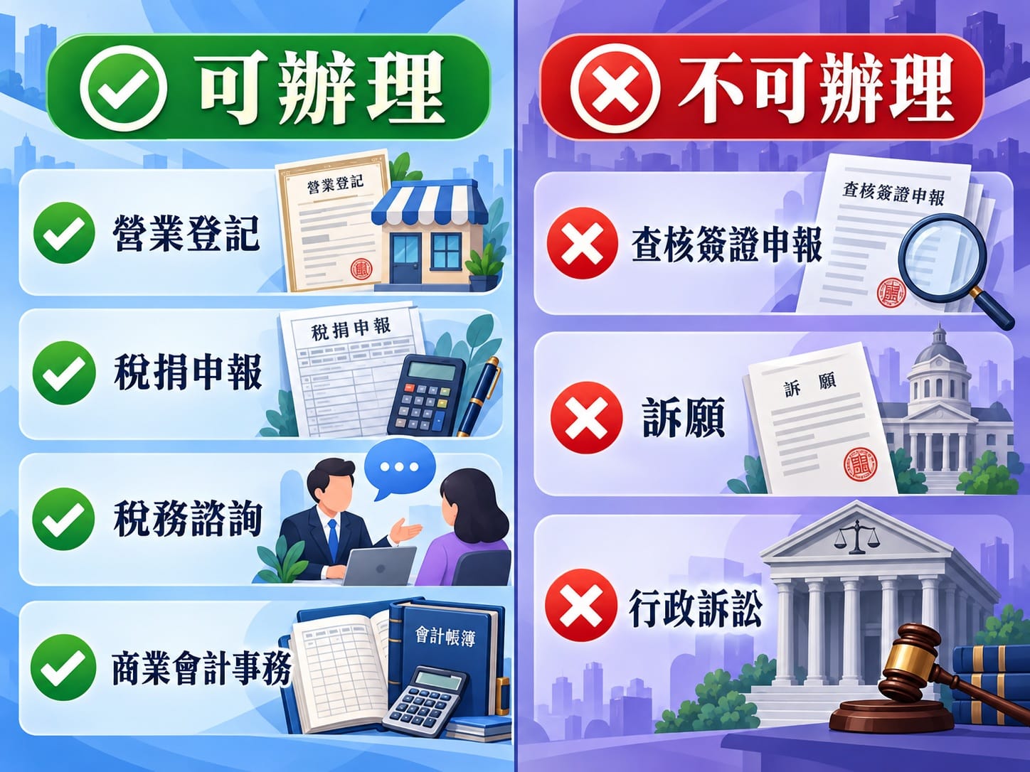 記帳士業務範圍可辦理與不可辦理項目對照圖