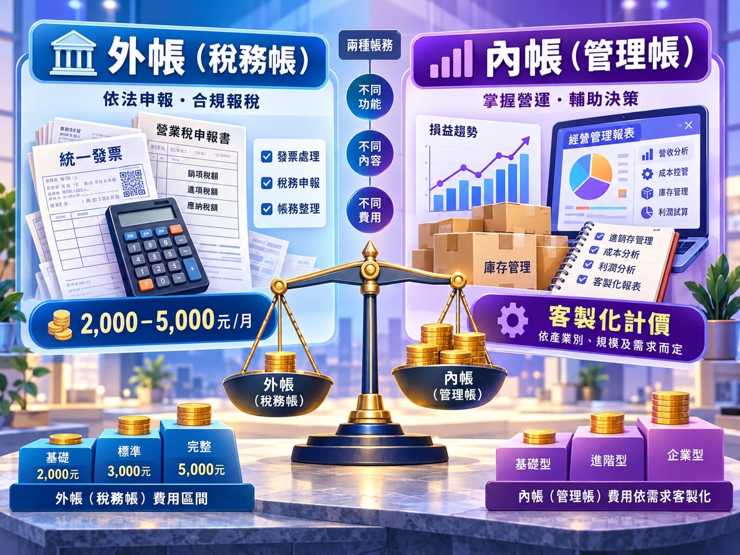 外帳與內帳服務內容及收費差異對照圖