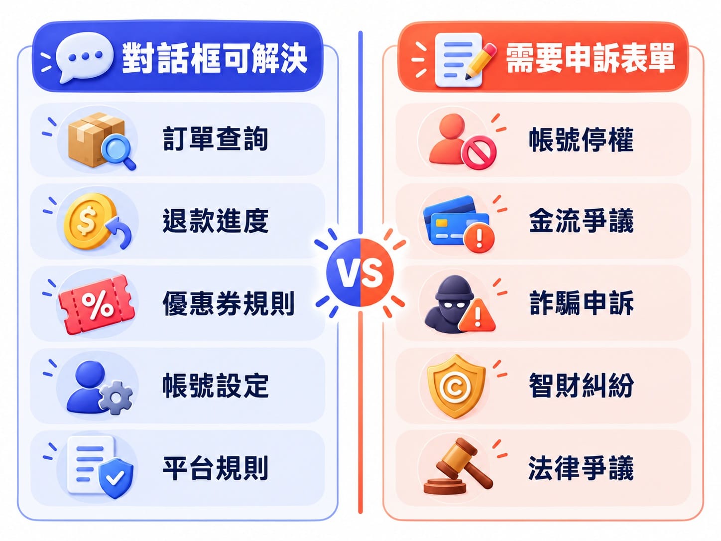 蝦皮客服對話框可處理問題與需申訴表單問題的對照表