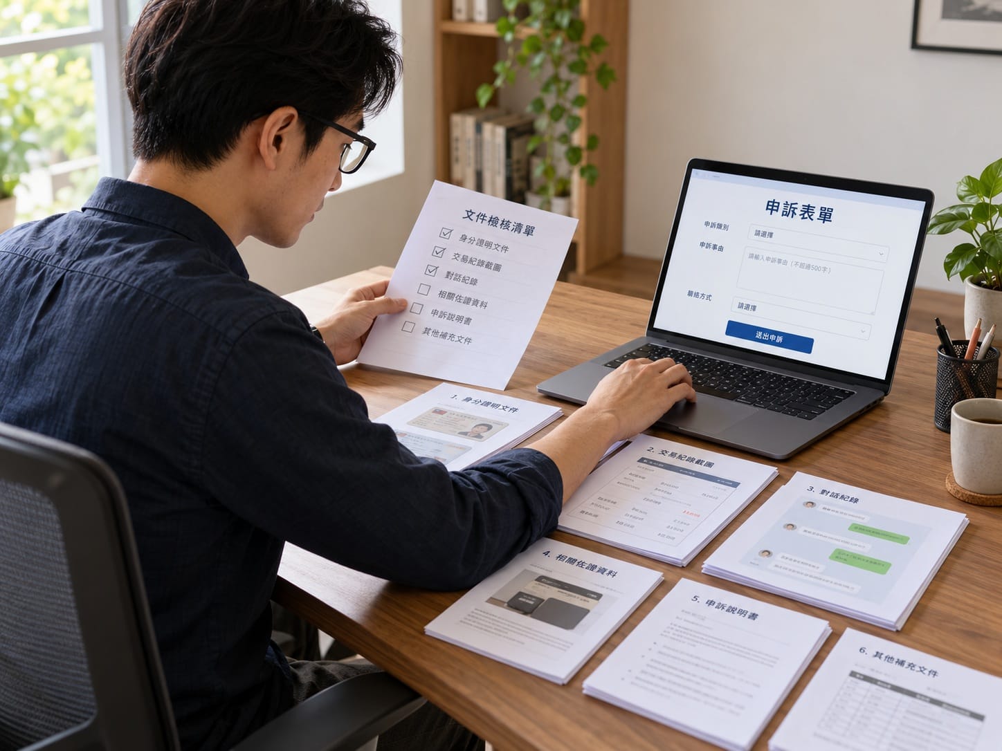 使用者在書桌上整理申訴所需的六項證明資料