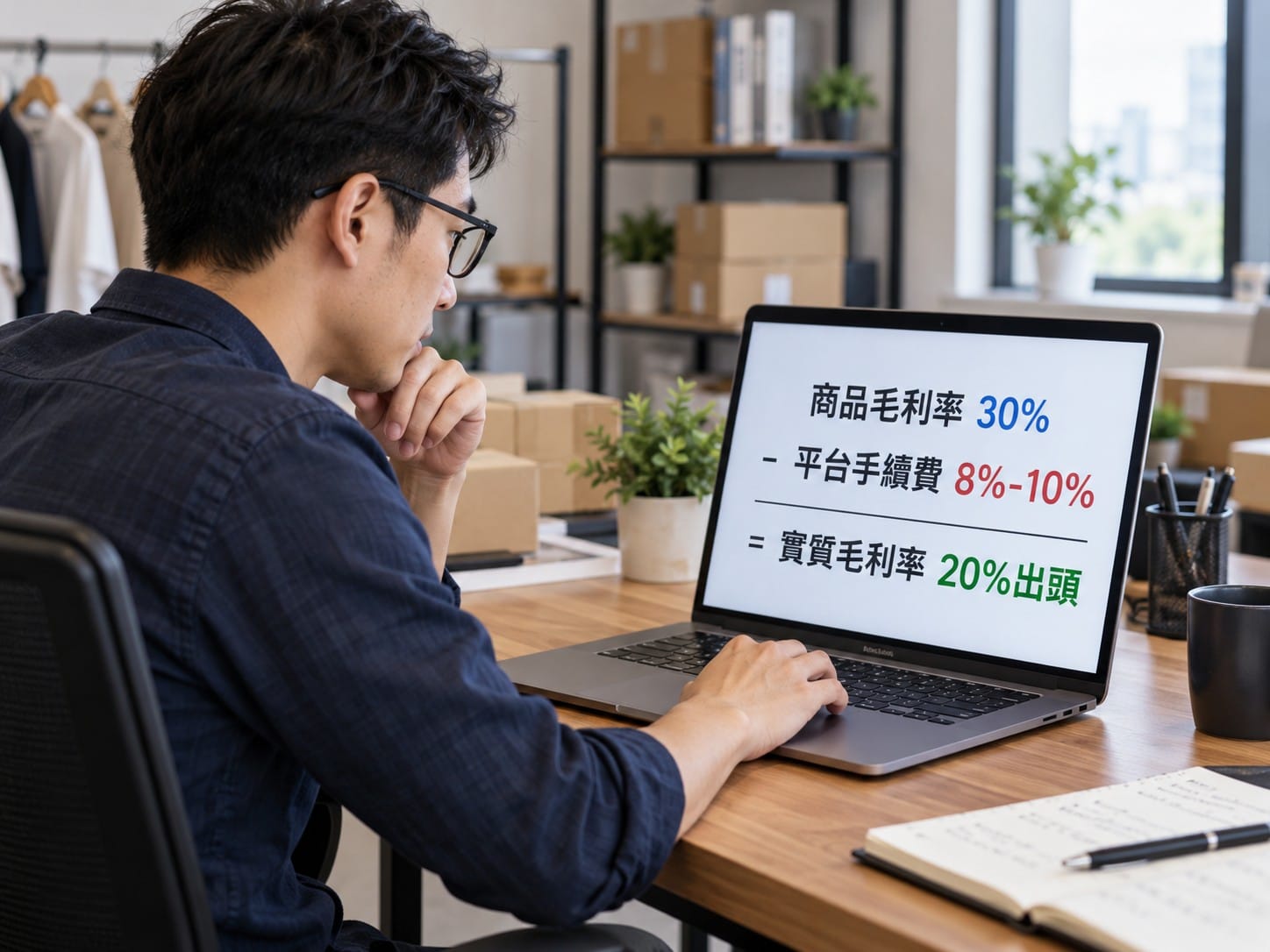 電商賣家在筆電前檢視平台手續費侵蝕毛利率的試算畫面