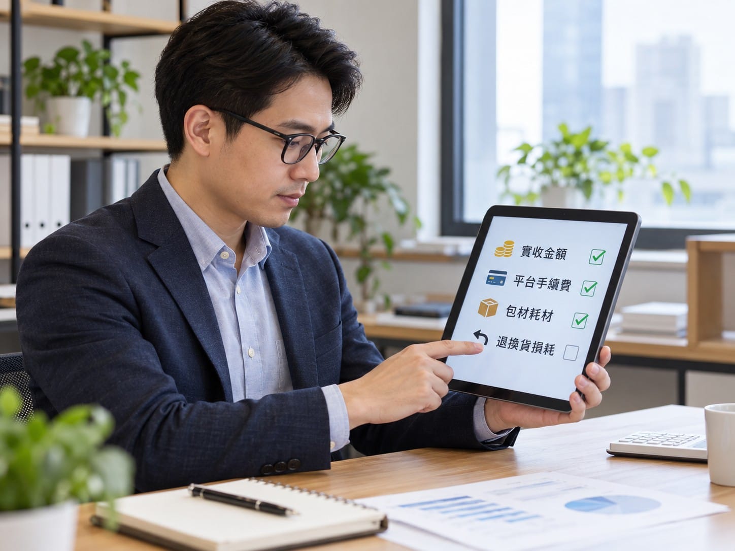 電商賣家用平板核對毛利率計算前成本清單的畫面