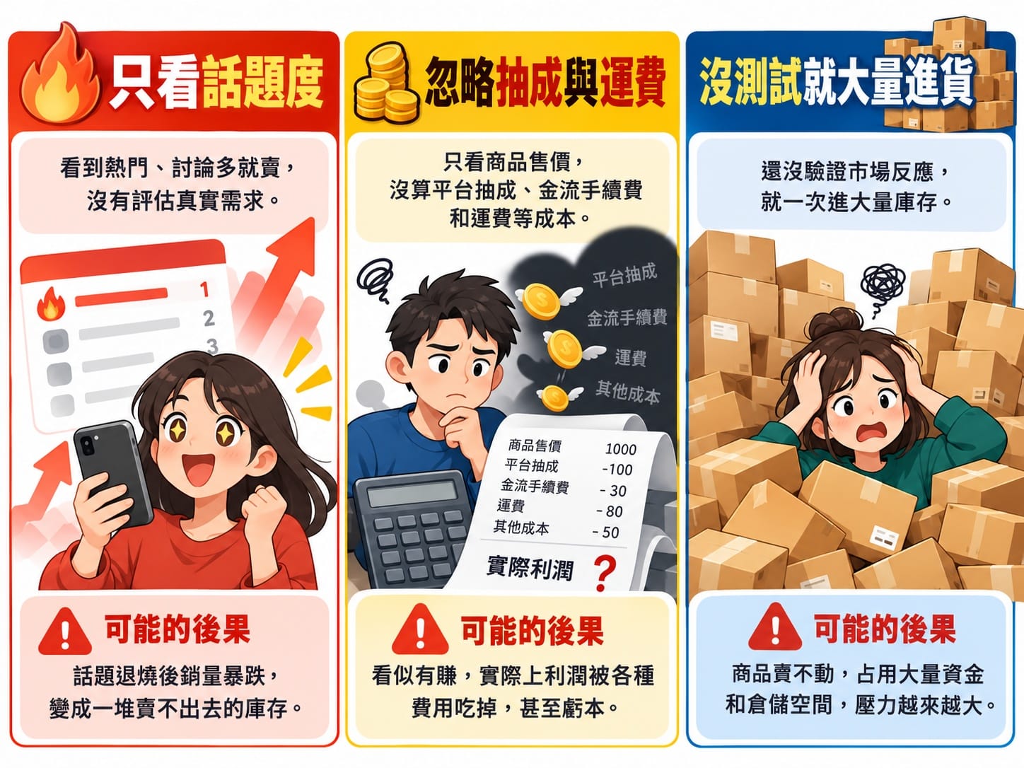 電商選品常見三大錯誤:話題度、隱形成本、未測試大量進貨資訊圖
