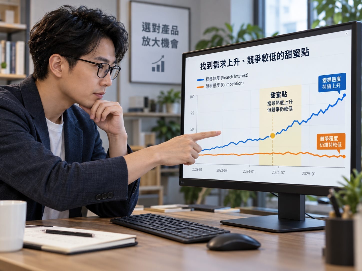 顧問分析Google搜尋趨勢曲線圖,尋找選品甜蜜交叉點