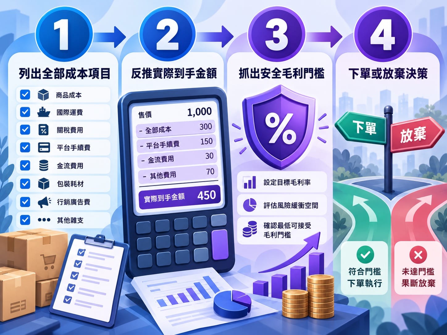 電商選品毛利驗證STEP1至4流程圖:成本清單、反推金額、安全門檻、下單決策