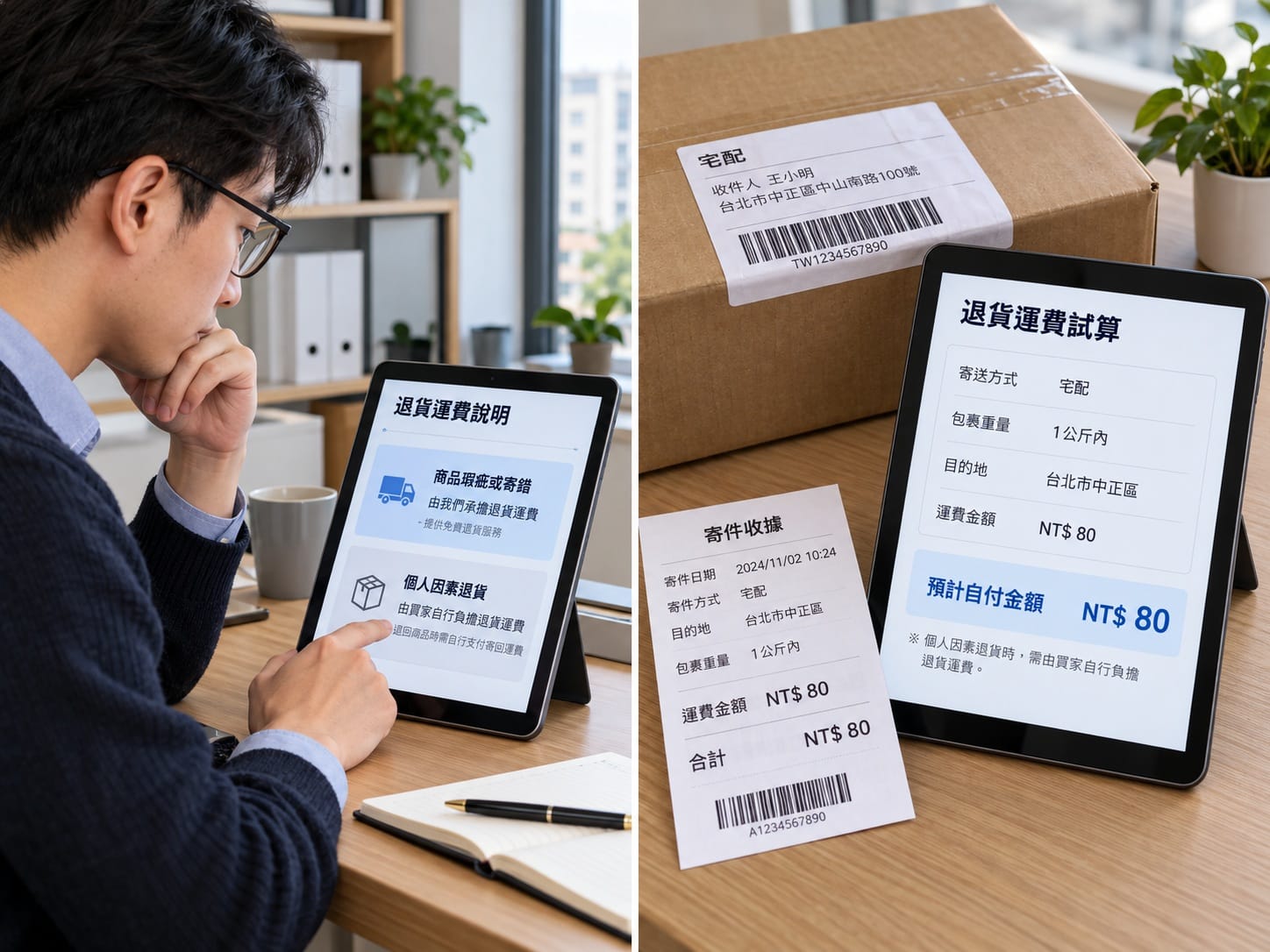 男子手持平板查看退貨運費歸屬計算畫面