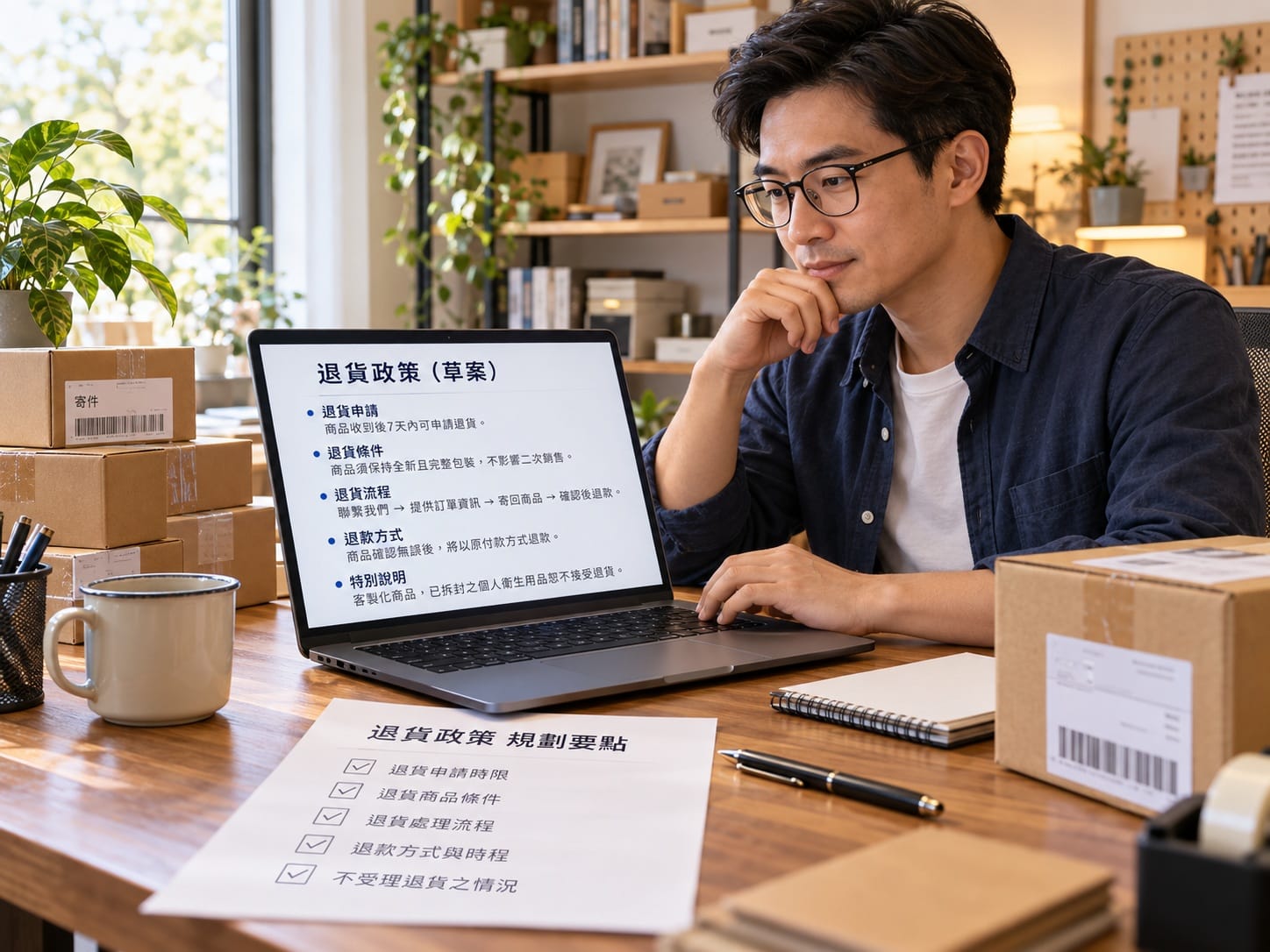男子在筆電上編輯蝦皮賣場退貨政策公告的居家辦公場景